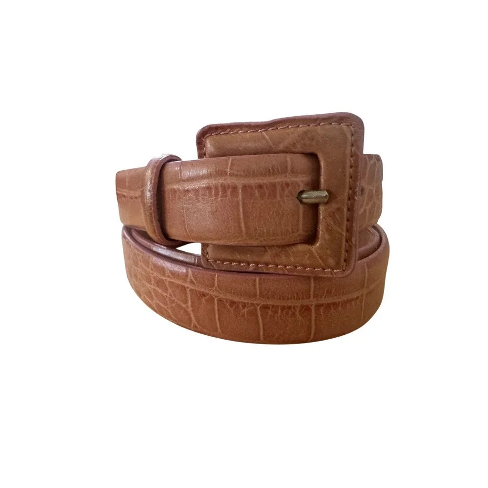 Tanner Italy 90s Leather Belt Croc Embossed Terracotta Pink Square Buckle Sz L